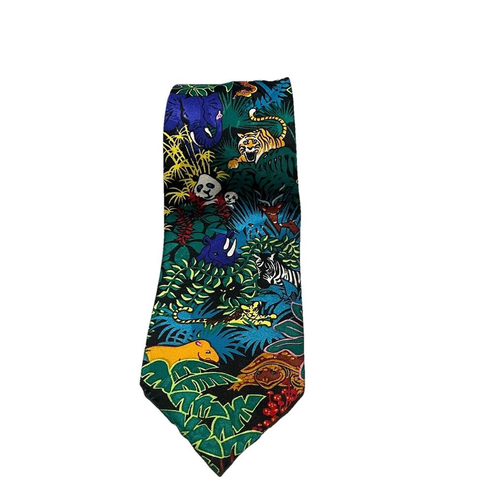 SurreY Men's Tropical Wild Animals Green Hawaiian 100% Polyester Neck Tie